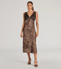 Sleek Leopard Print Lace And Satin Midi Dress